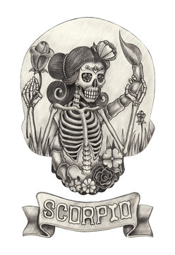 Zodiac Skull Scorpio.Hand pencil drawing on paper.