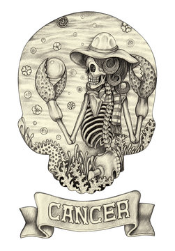 Art Skull zodiac cancer. Hand pencil drawing on paper.