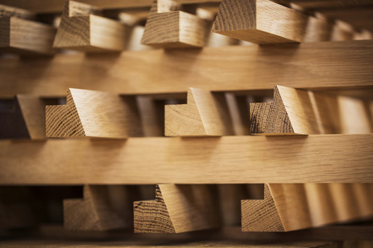 Wood arranged in workshop