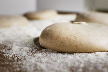 Close-up of pizza dough in flour
