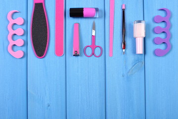 Cosmetics and accessories for manicure or pedicure, concept of foot, hand and nail care, copy space for text