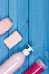 Cosmetics for personal hygiene in bathroom, concept of body care, copy space for text