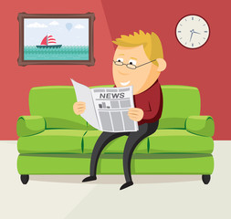Happy man is reading a newspaper on the sofa in the living room. Simple flat cartoon vector illustration