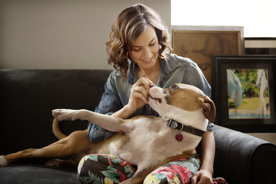 Woman Playing With Her Dog