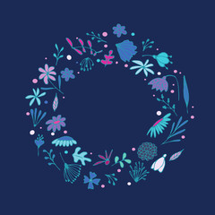 Fototapeta premium Wreath vector illustration made of flowers and herbs.