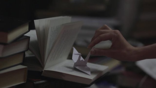Girl hand placing paper origami crane on an open book