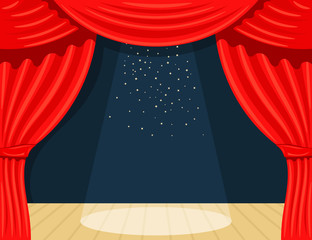 Cartoon theater. Theater curtain with spotlights beam and stars.