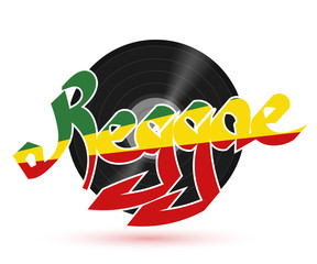 The record reggae music. Musical plastic plate with the word REG