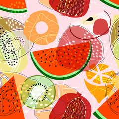 Seamless pattern with fruits: watermelon, orange, kiwi, pomegran