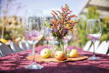 Empty wineglasses with fruits and flower vase on outdoor table at garden party