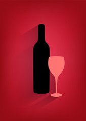 Bottle of wine and glass on red vertical background. 