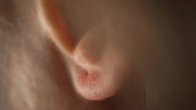 Young woman putting on blue earring. Macro video