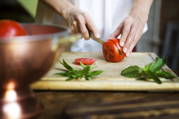 Midsection of woman cutting tomato slices by mint leaves on cutting board
