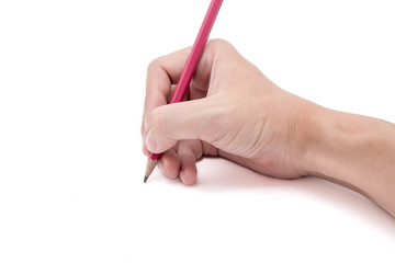 Man hand holding a pencil on a white white background