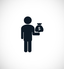 The icon of person pointing on money bag. Could be used as illustration for the  wide range of financial  operations.
