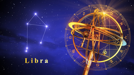 Armillary Sphere And Constellation Libra Over Blue Background