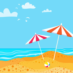 Fototapeta na wymiar Summer Parasols on the beach. Ocean. Summer resort vacation background. Water beach vacation. Vector Design illustration.