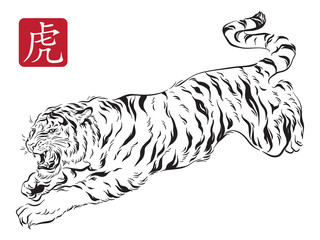 Vector illustration of jumping tiger in traditional asian ink calligraphy style. Black and white isolated. Hieroglyph meaning is TIGER