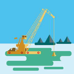 flat Huge crane barge Industrial ship that digs sand marine dredging digging sea bottom. Vector