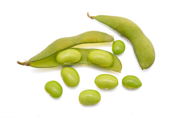 Green soybeans on white background