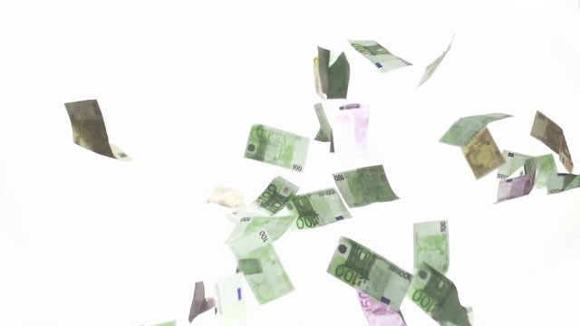 euros bills banknotes  falling drop from ceiling in a money rain on white background super slow motion high speed camera