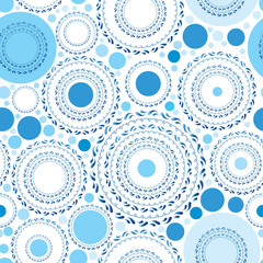 Seamless pattern with blue dots and circles on white background. Vector
