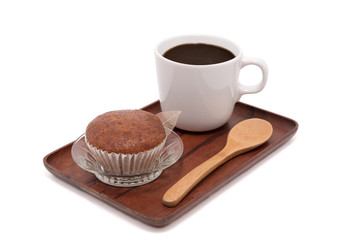 Coffee cup and banana muffin cake on wooden tray isolated on white background
