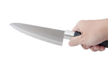 Hand is holding a kitchen knife isolated on a white background