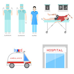 Emergency medical service. Staff of hospital. The patient lies on a stretcher with an injury.