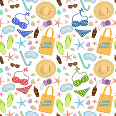 Summer vacation seamless pattern. Summertime traveling template with beach summer accessories. Vector.