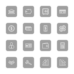 line business commercial and finance icon set on gray rounded rectangle for web design, user interface (UI), infographic and mobile application (apps)