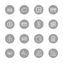 line business commercial and finance icon set on gray circle for web design, user interface (UI), infographic and mobile application (apps)