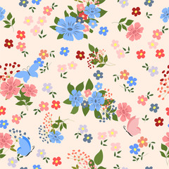 Seamless pattern with field flowers and butterflies.