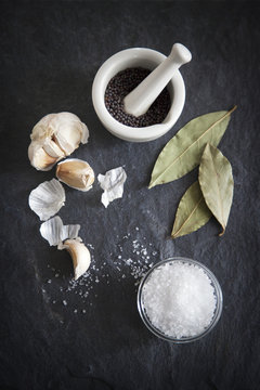 Overhead view of ingredients on black background