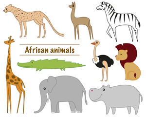 African animals: Cheetah, Gazelle, Zebra, giraffe, crocodile, el