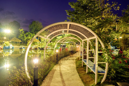 Building steel corve way road beautiful at night