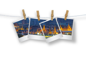 Clothespin hanging with Polaroid landscape views of Bangkok,isol