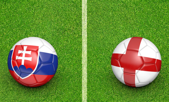 Team balls for Slovakia vs England football tournament match, 3D rendering