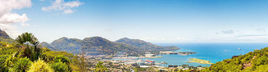 Fototapeta na wymiar Aerial Panoramic view of port an down town Victoria, Mahe, capital of Seychelles