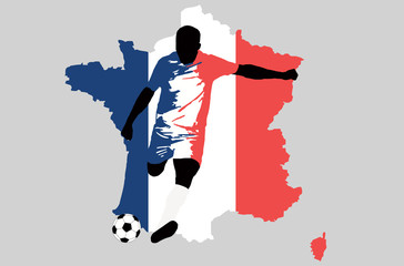 UEFA Euro 2016 vector illustration of football player run hit ball. Flag and map contour of France. Group A participant. Soccer team player in national uniform original colors. France map clip art