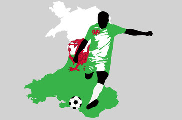 UEFA Euro 2016 vector illustration of football player run hit ball. Group B participant. Soccer team player in uniform with state national flag of Wales original colors. Wales map graphic clip art