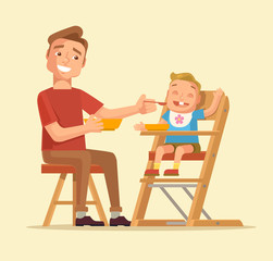 Man feeding baby. Father feeding baby. Vector flat cartoon illustration