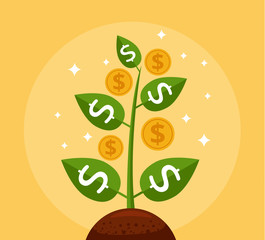 Money tree. Tree with cold coins. Vector flat cartoon icon illustration