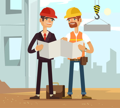 Two builders. Builder and engineer. Builders read plan. Building houses. Vector flat cartoon illustration