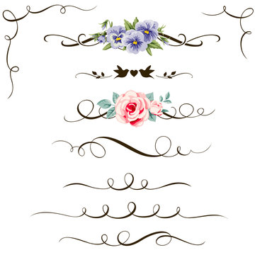 Set of decorative calligraphic elements. Vintage flower and calligraphic dividers for your design