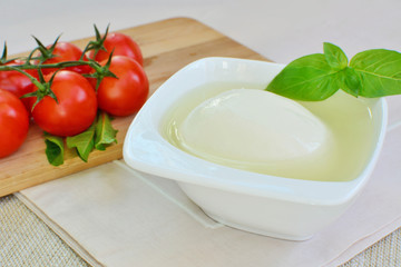 Mozzarella cheese in a porcelain dish with basil and tomatoes