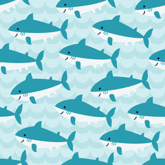 Fototapeta na wymiar Seamless pattern with flock of cute cartoon sharks