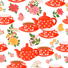 Seamless pattern with teapots, cups and butterflies.