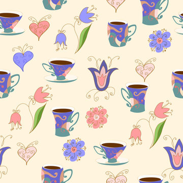 Seamless pattern in Doodle style with cups, flowers and hearts.