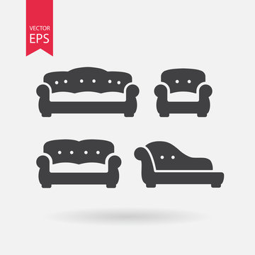 Furniture icons set. Vintage Sofa, Armchair, Chesterfield, Couch. Collection of retro armchair in flat design. Black silhouettes isolated on white background. Vector elements.